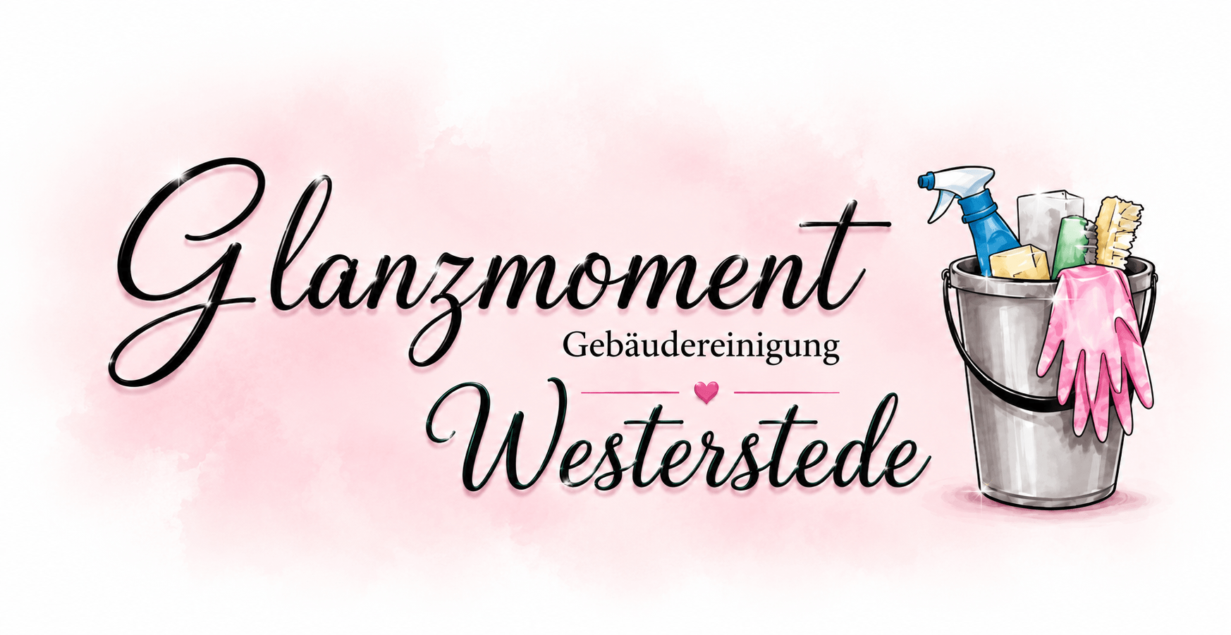 Logo von Glanzmoment Gebäudereinigung Westerstede mit Reinigungseimer, Sprühflasche, Bürste und pinken Handschuhen